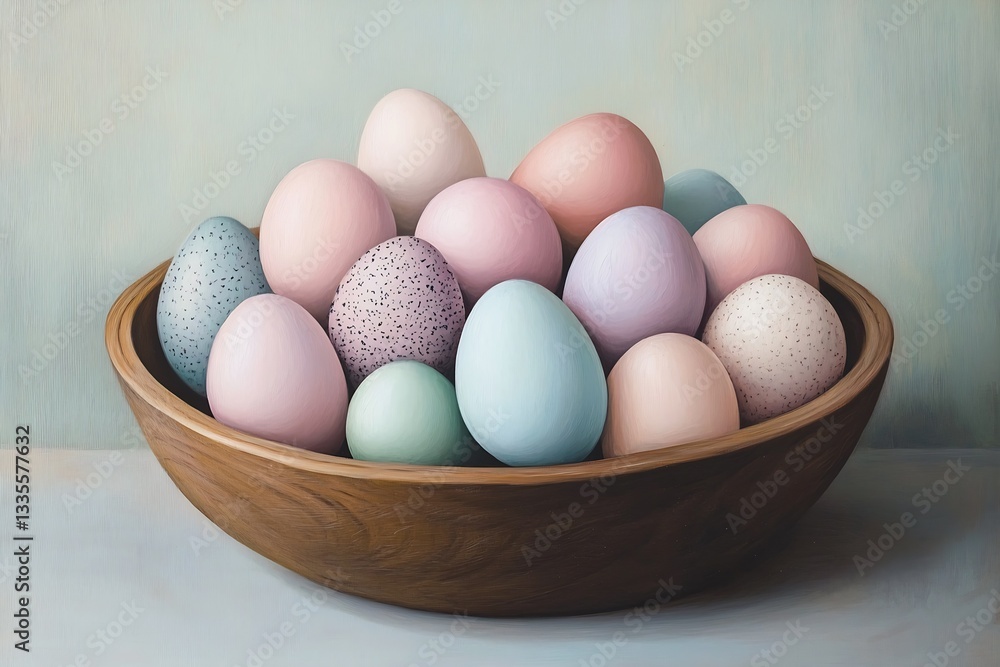 Aufkleber stylishly painted pastel eggs in a wooden bowl against a soft background creating a serene ambiance 