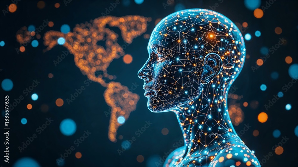 Poster conceptual representation of the connection between technology and humanity symbolizing progress