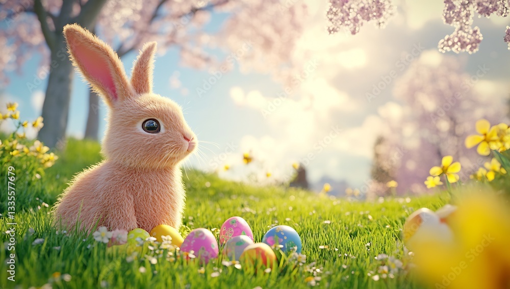 Poster charming bunny gazing at easter eggs in a serene blooming garden setting : generative ai