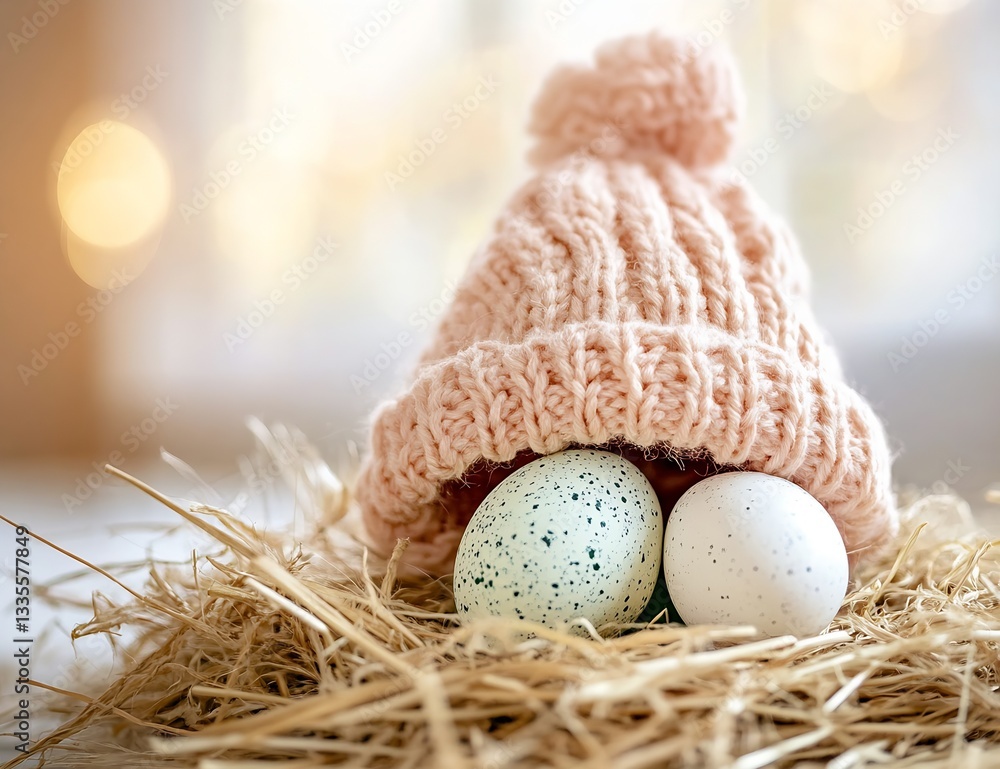 Aufkleber elegant white speckled easter eggs nestled with a soft knitted cap in a natural straw setting : gene