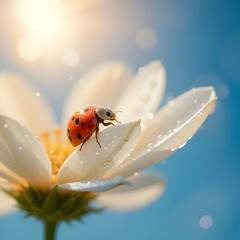 Naklejka premium Ladybug on Daisy Flower Macro Photo