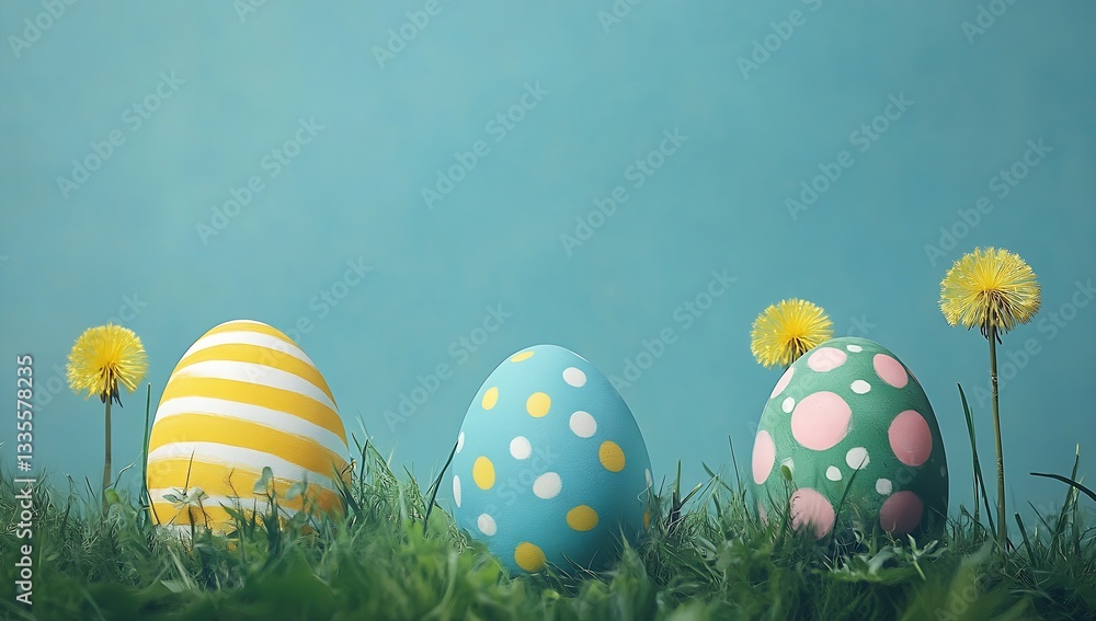 Poster whimsical display of easter eggs with dandelions set against a soft blue background : generative ai