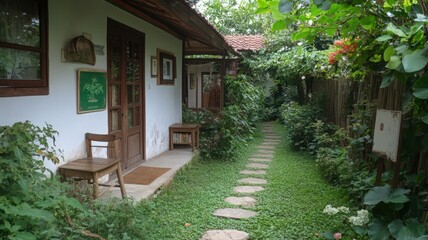 Stone Pathway Through Lush Green Garden Leading to Whitewashed Buildings