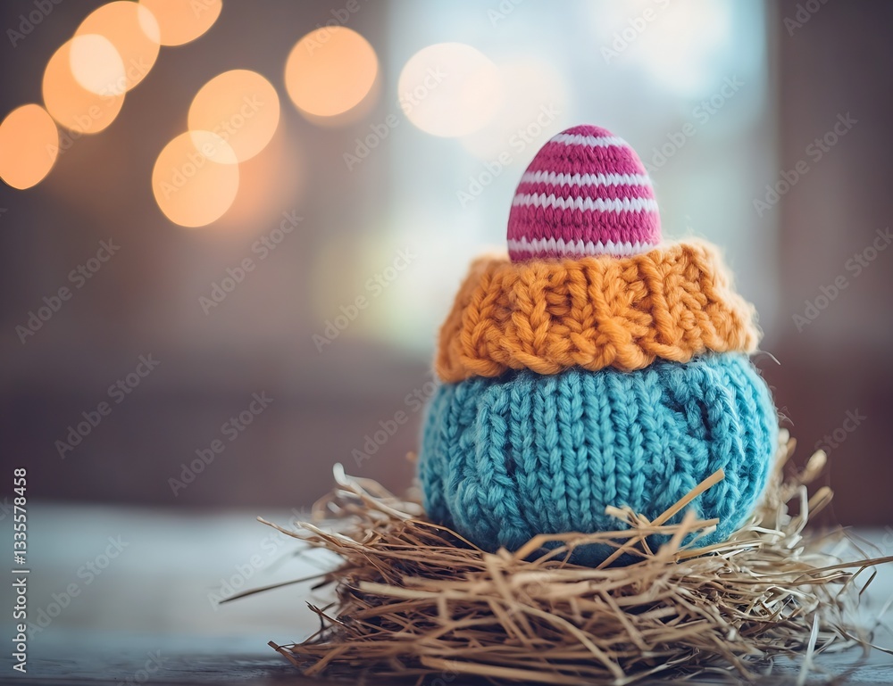 Aufkleber whimsical easter egg with knitted hat on soft straw nesting background : generative ai