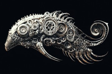 Obraz premium Mechanical fish sculpture composed entirely of various metal gears and parts