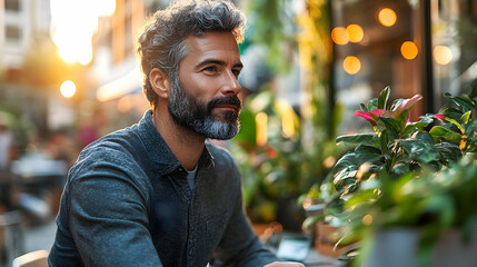 Contemplative man enjoying outdoor cafe ambiance at sunset moment