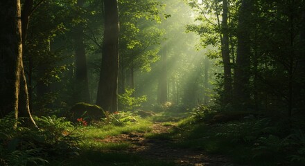 Serene Sunlit Path Through Lush Green Forest Tranquil Nature Scene