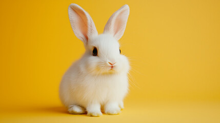 Obraz premium Adorable White Bunny Rabbit on Yellow Background