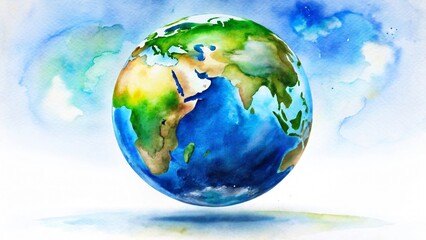 Naklejka premium Watercolor painting of the earth showing continents and oceans in blue and green, a beautiful artistic representation of our planet