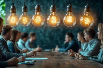 Business brainstorming session under glowing light bulbs representing ideas