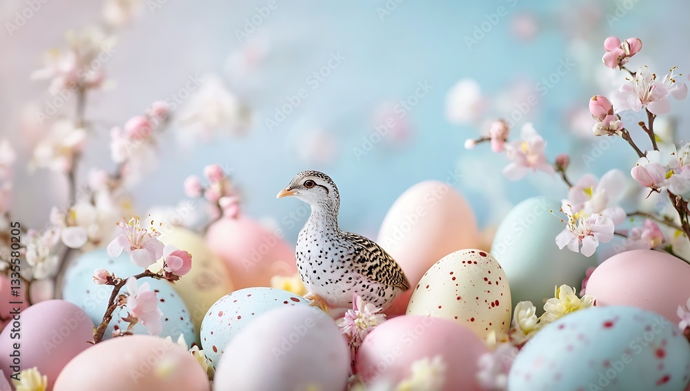 Poster Delicate Spring Setup Featuring a Bird Surrounded by Nested Easter Eggs : Generative AI
