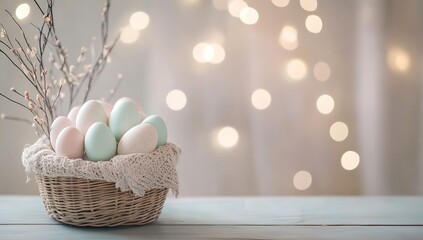 Obraz premium Delicate Easter eggs displayed in a rustic basket with soft twinkling lights in the background : Generative AI