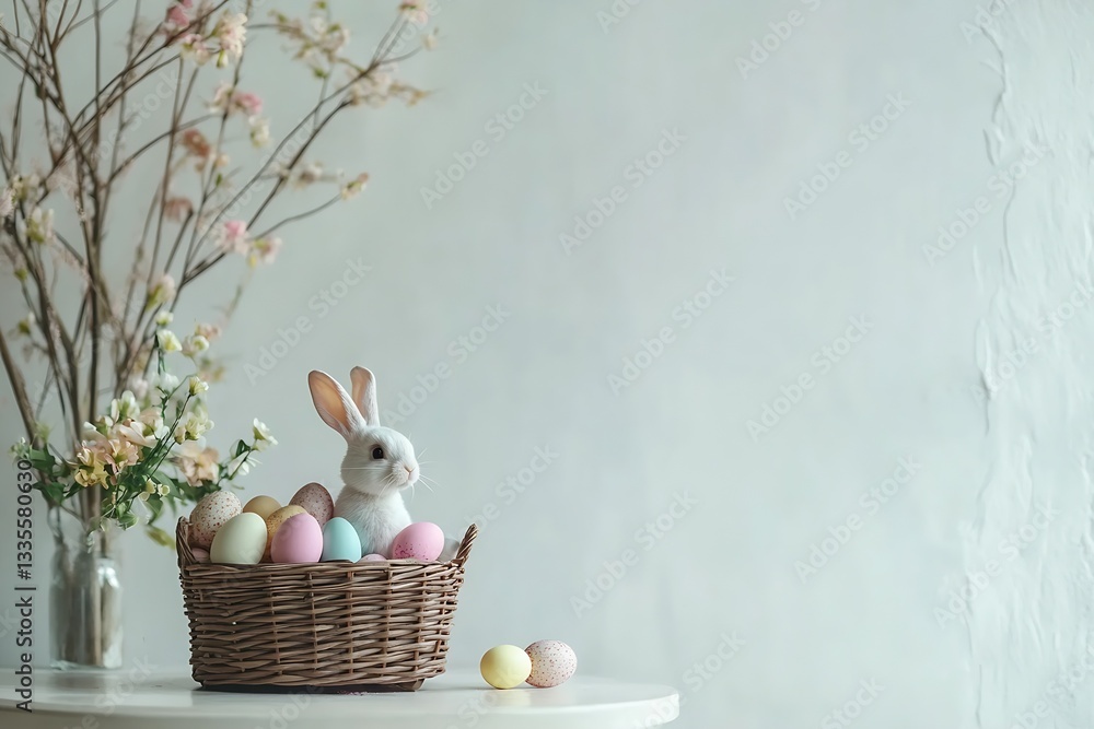 Poster delightful easter scene featuring a cute bunny and colorful eggs arranged in a woven basket with spr