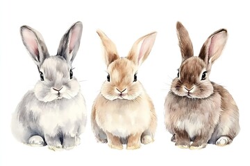 Obraz premium Adorable trio of playful rabbits in various fur colors sitting peacefully together : Generative AI