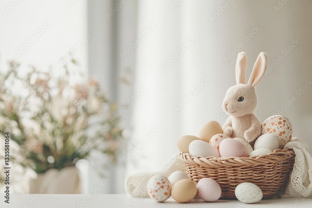 Aufkleber lovely easter bunny sitting on a basket of soft colored eggs with a background of delicate blooms : 
