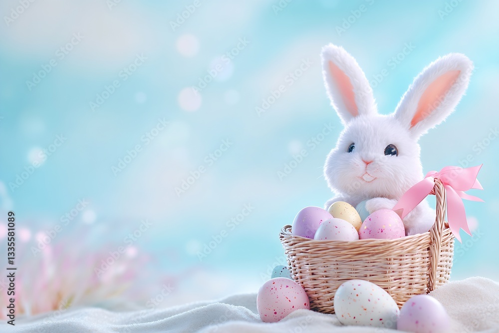 Aufkleber cute bunny surrounded by pastel colored eggs in a cozy beach setting with soft lighting : generative