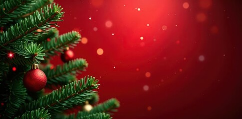 Obraz premium Deep green pine branches, sparkling red backdrop, glossy, shiny, winter