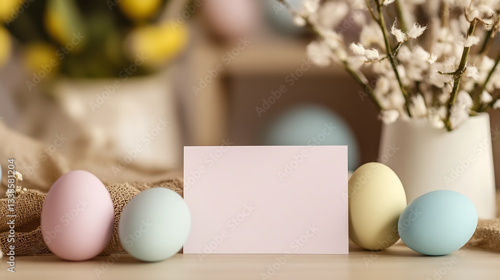 Poster artful arrangement of easter eggs and spring flowers with a blank card for notes or greetings : gene