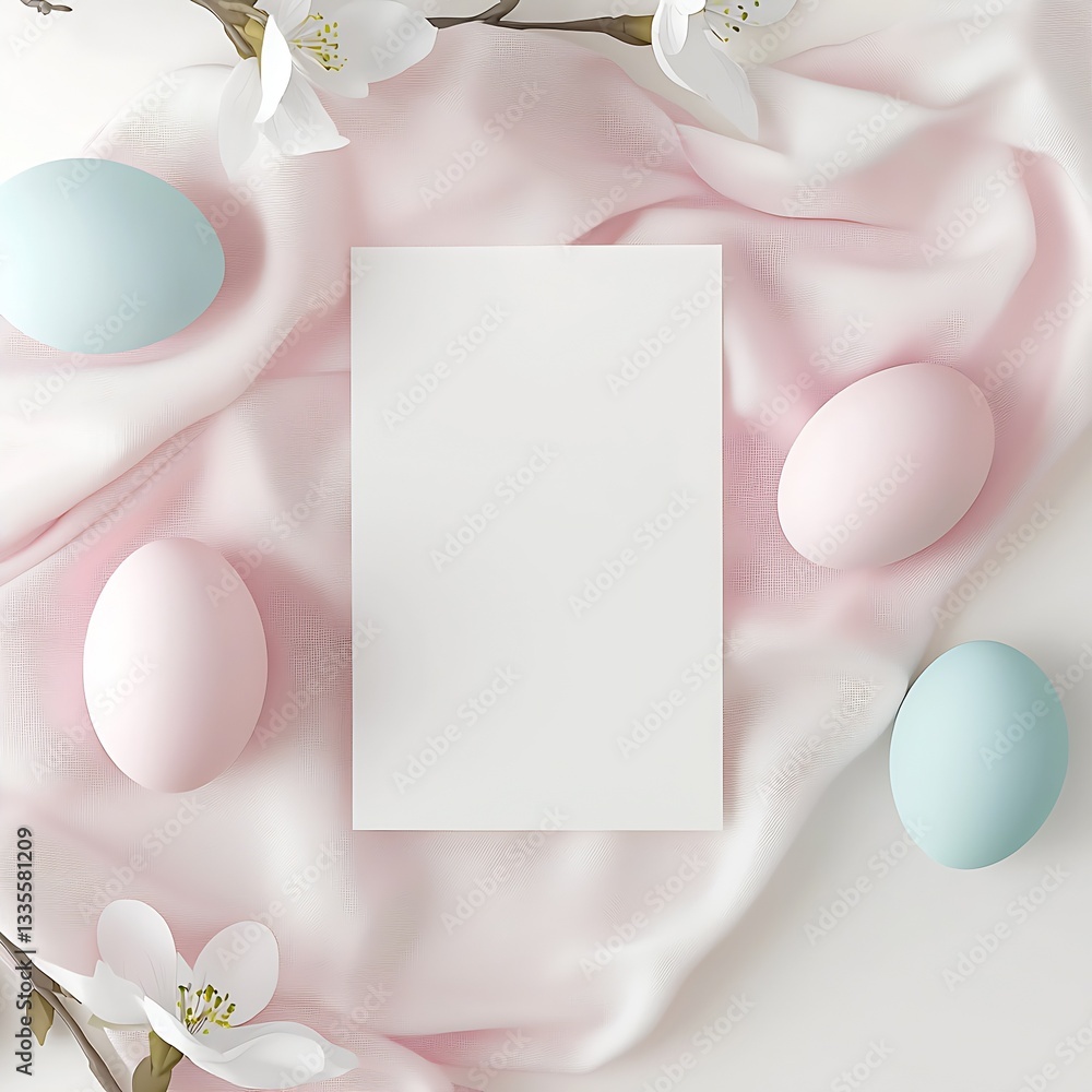 Poster serene pastel easter eggs and blooms surrounding an empty card resting on soft fabric : generative a