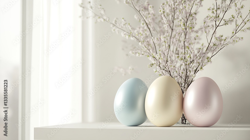 Poster elegant pastel easter eggs paired with delicate spring flowers on a serene minimalist setting : gene