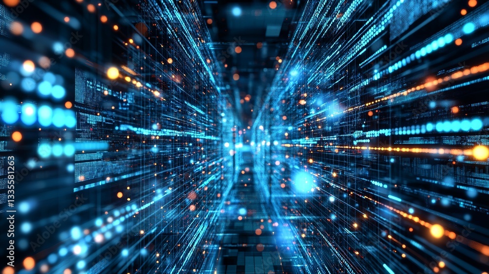 Poster abstract digital data stream tunnel futuristic technology background blue orange glow lines network 