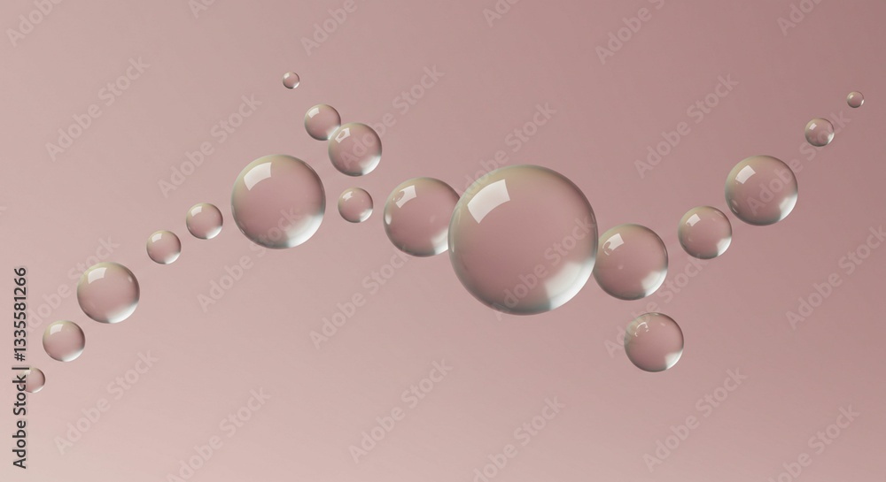 Poster abstract background with transparent spheres floating bubbles dew drops pink gradient