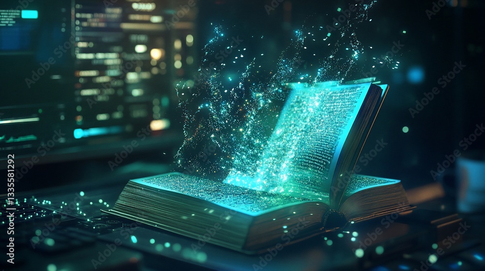 Poster open book with digital data stream, futuristic learning and technology concept