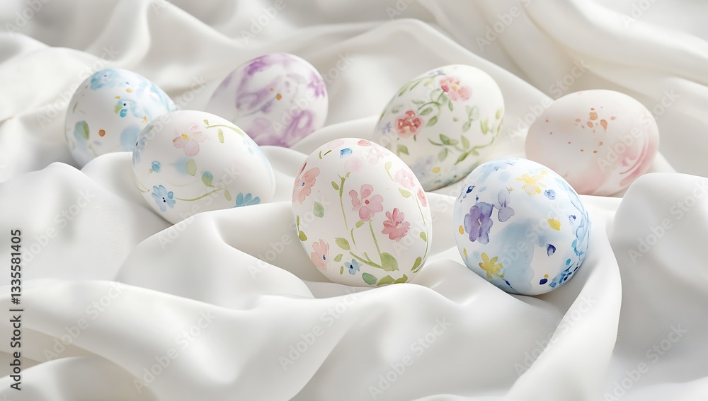 Aufkleber set of hand painted floral easter eggs displayed on soft white fabric for spring festivities : gener