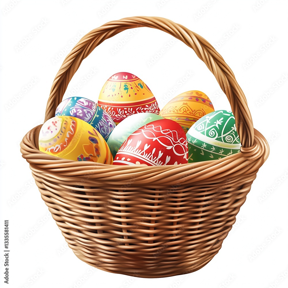 Poster handcrafted easter eggs in vibrant colors nestled in a woven basket on a spring day with grass accen