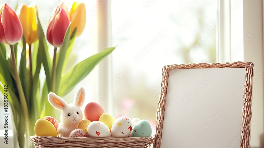 Poster delightful easter table display with colorful eggs, a plush bunny, and blank space for text : genera