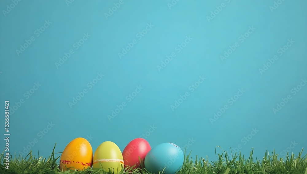 Aufkleber assorted brightly colored easter eggs sitting on lush green grass with a soft blue background : gene