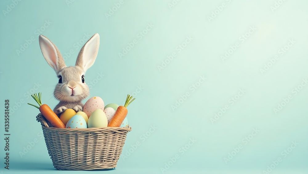 Poster adorable bunny surrounded by brightly colored easter eggs and carrots inside a wicker basket on a so
