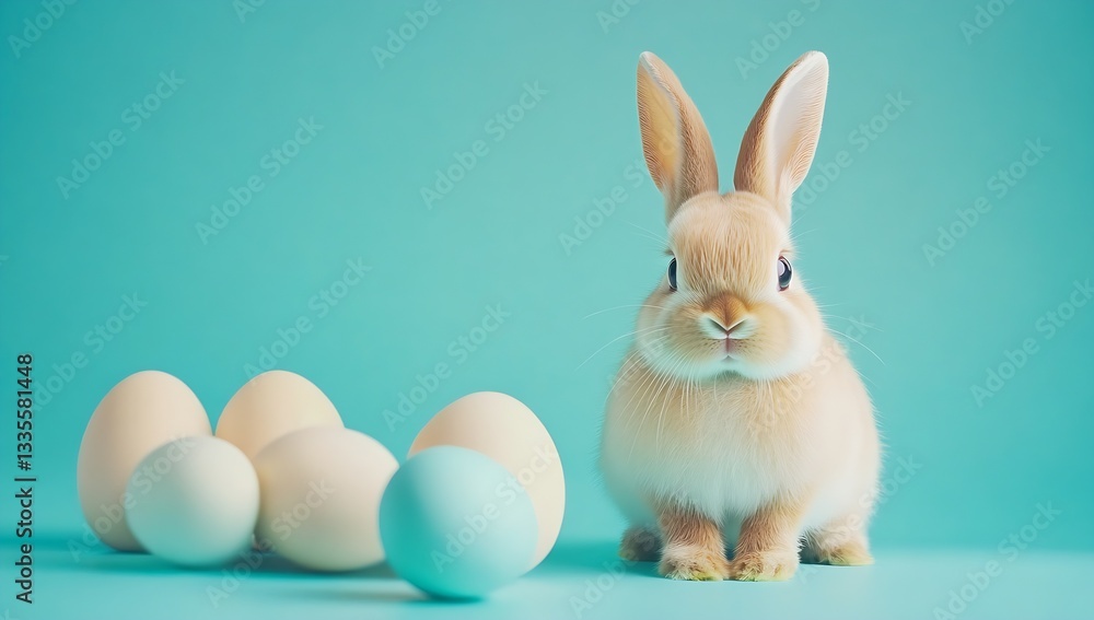 Poster cute fluffy rabbit sits with colorful eggs on a bright turquoise background : generative ai