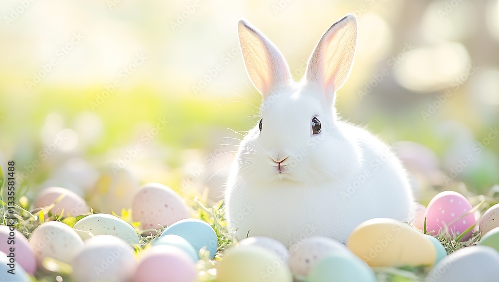 Aufkleber gentle white rabbit resting among softly colored easter eggs in a luminous backdrop : generative ai