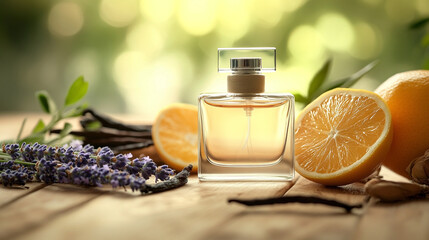 Bottle of women's perfume with citrus scent, orange, lavender and vanilla on wooden table in front of window on early sunny morning. 