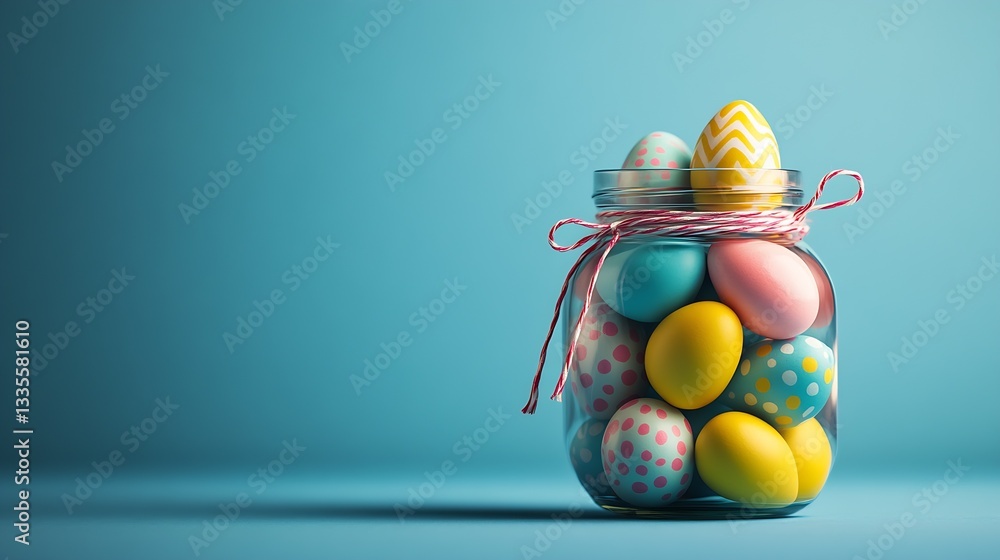 Poster Vibrant Multi Colored Easter Eggs in a Jar with Decorative Twine and Spring Theme : Generative AI
