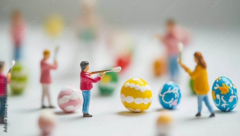 Poster miniature figures painting colorful easter eggs in a creative spring display with blurred background