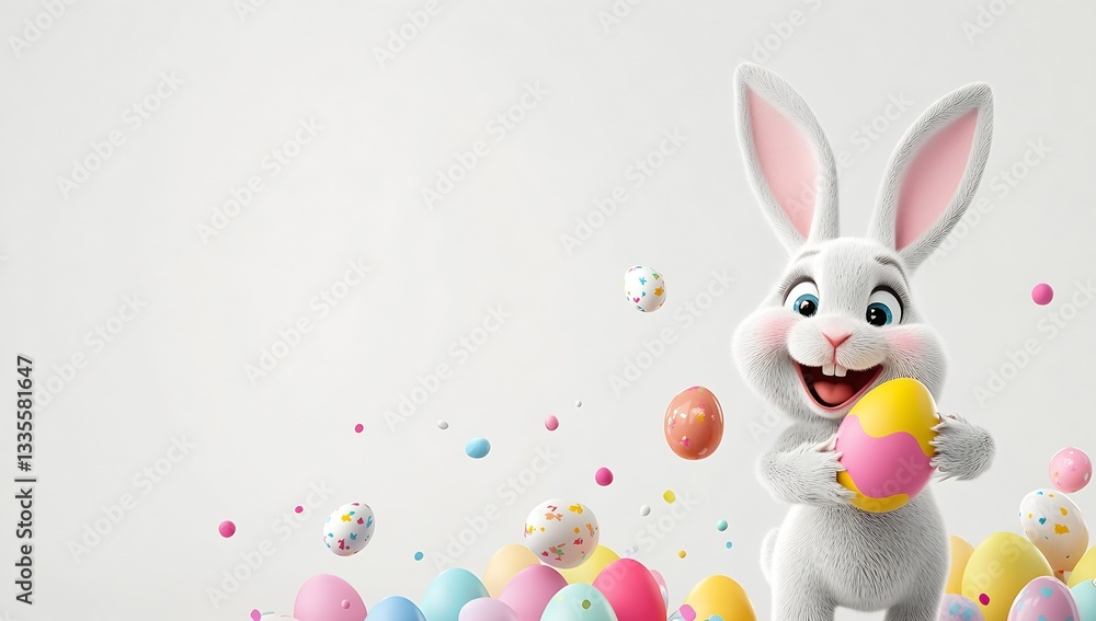 Poster cute smiling rabbit playfully holding yellow easter egg surrounded by colorful decorative eggs in fe