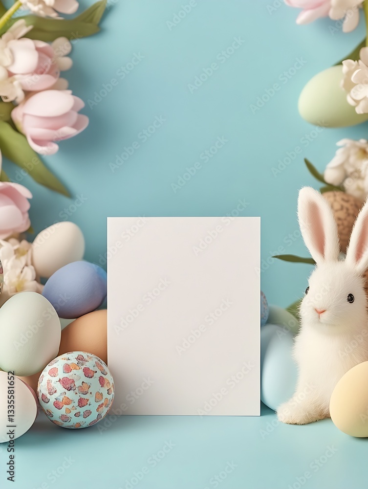 Aufkleber festive easter setting with decorative eggs and a bunny against a pastel blue background : generativ
