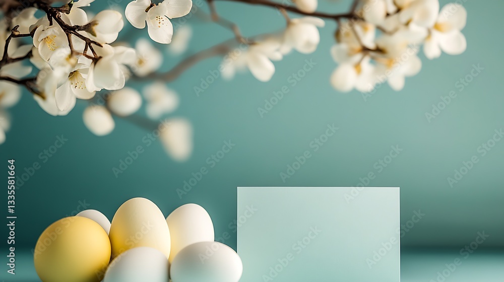 Poster sophisticated easter display featuring eggs and blossoms on a gentle blue backdrop for festive decor