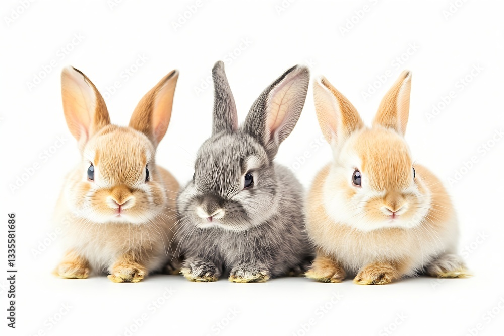 Poster three adorable rabbits with varying fur patterns sitting together posing sweetly : generative ai