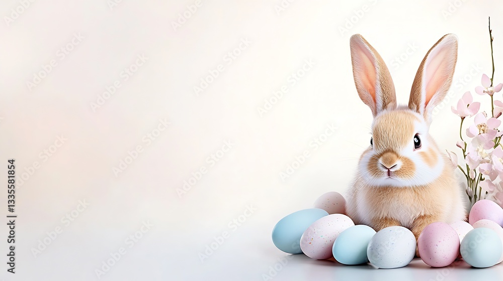 Poster endearing rabbit surrounded by beautifully colored eggs and gentle blossoms in a calming backdrop : 