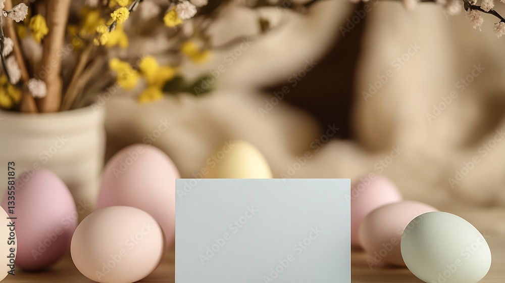 Aufkleber soft colors and delicate flowers with pastel eggs creating a gentle easter setting with a blank card