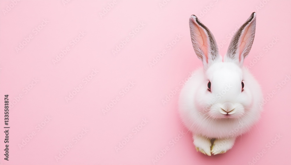 Fototapete fluffy white rabbit sitting on a pink background with a focused and playful expression : generative 