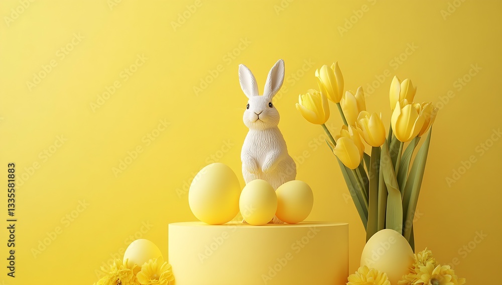 Aufkleber charming bunny figurine with yellow eggs and vibrant tulips creating a festive mood on a bright yell