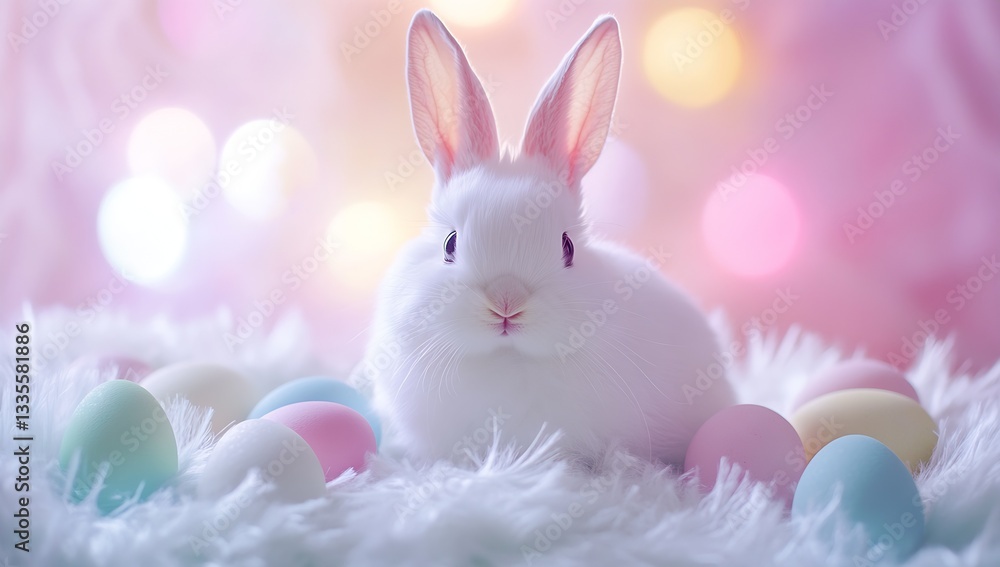 Poster Charming white bunny nestled among colorful Easter eggs and soft textured surface with glowing lights in the background : Generative AI