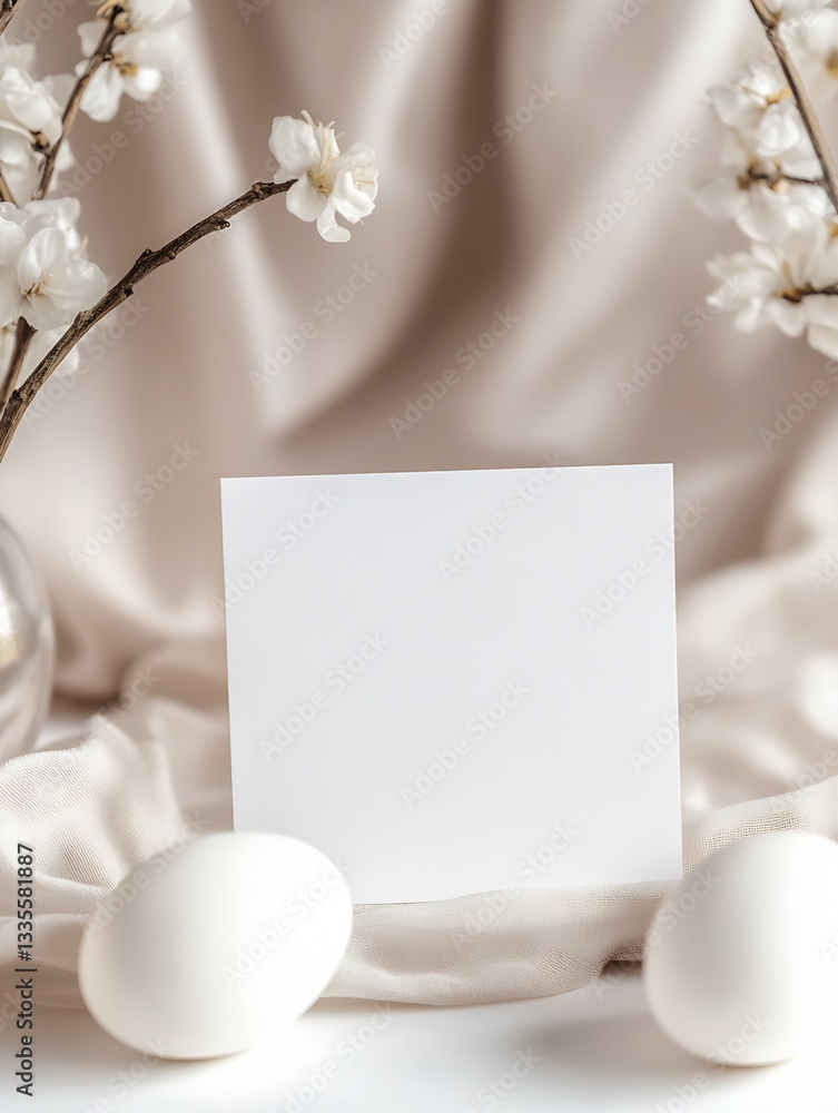 Aufkleber sophisticated arrangement of white eggs and flowers with a blank card on soft fabric : generative ai