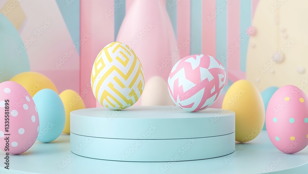 Poster Vibrant and artistic Easter egg arrangement with playful patterns and soft textures : Generative AI