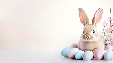 Fototapeta premium Endearing rabbit surrounded by beautifully colored eggs and gentle blossoms in a calming backdrop : Generative AI