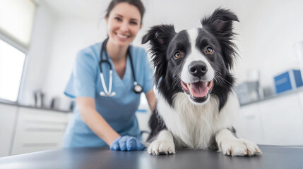 Veterinarian examines happy Border Collie during a routine checkup